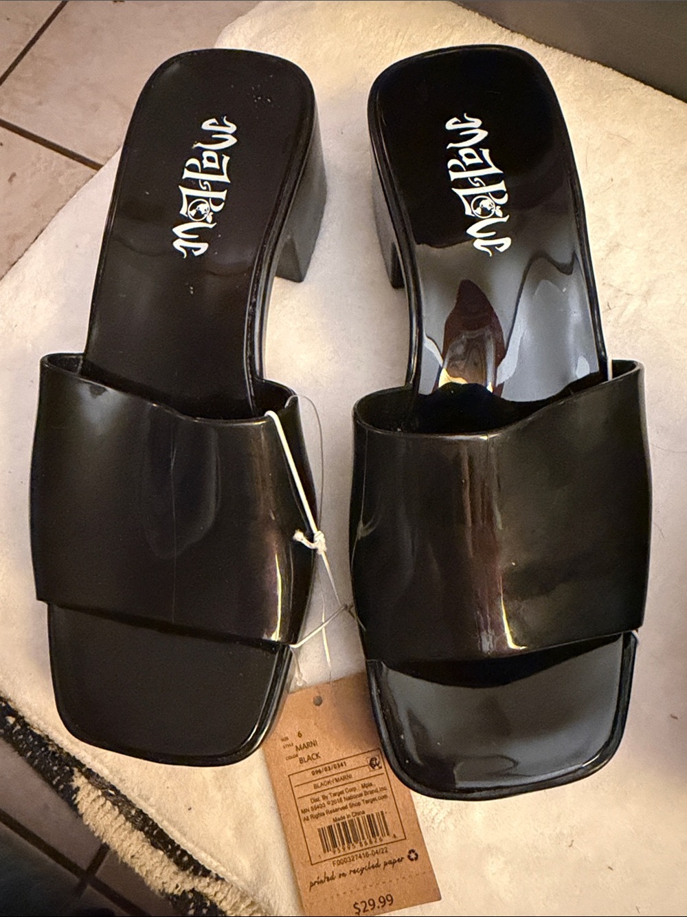 Matteau Black Patent Slide Mules with Block Heel